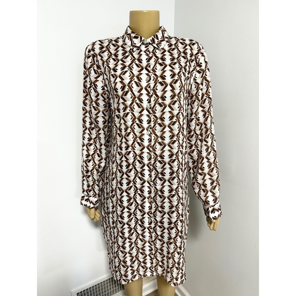 Chicos No Iron Shirt Dress Brown White Geometric Print Linen Blend Size 2 L 12